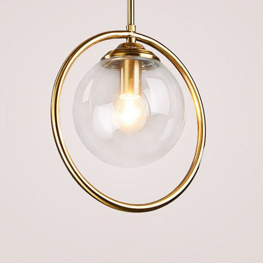 Minimalist Brass Plated Glass Hanging Light With Single Ball Drop Pendant And Ring Decoration