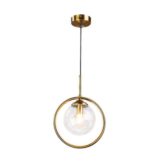 Minimalist Brass Plated Glass Hanging Light With Single Ball Drop Pendant And Ring Decoration Clear