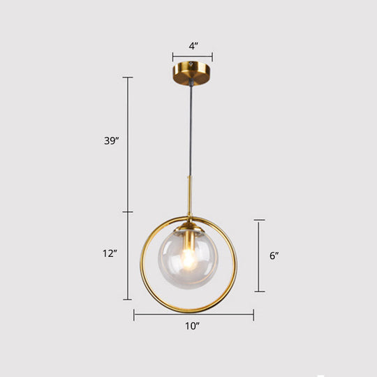 Minimalist Brass Plated Ball Drop Pendant Light with Clear Glass and Ring Decoration