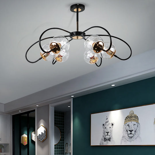 Minimalist Black Floral Swirl Chandelier Pendant Light with Clear Glass Ball for Living Room