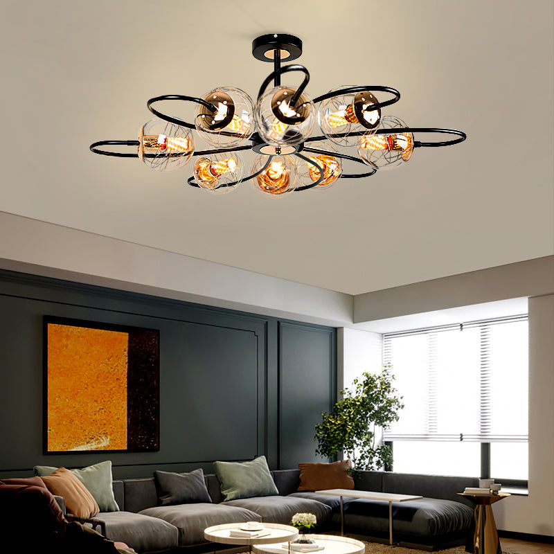 Minimalist Black Floral Chandelier With Clear Glass Pendant Light For Living Room