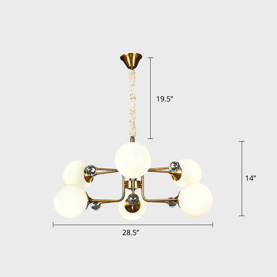 Sleek Brass Sputnik Bedroom Chandelier - Modern Glass Ceiling Light 6 / White