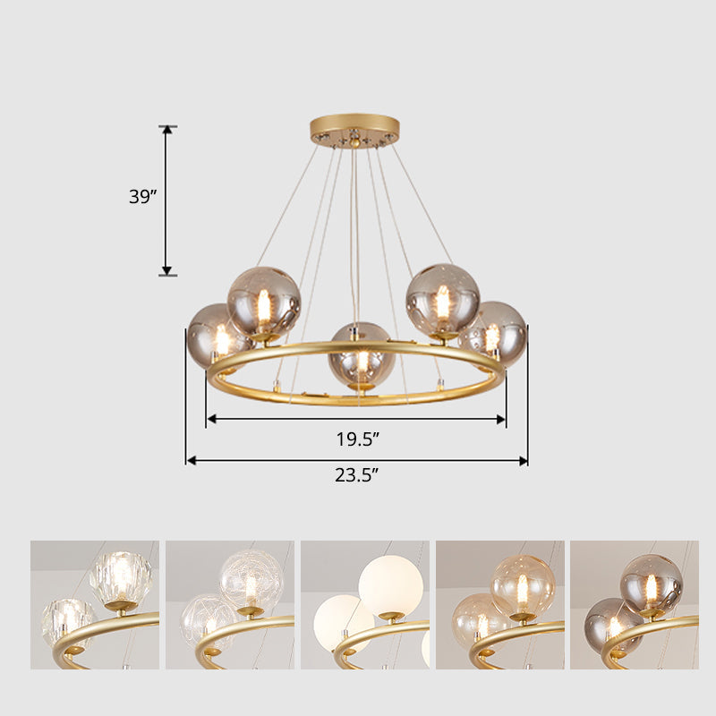 Postmodern Metal Pendant Chandelier With Glass Ball Shade 5 / Gold