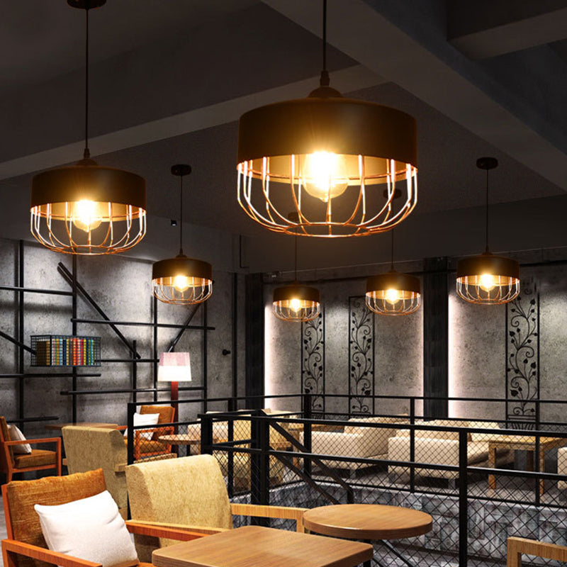Cage Restaurant Ceiling Light - Warehouse-Style Black Iron Suspension Lighting
