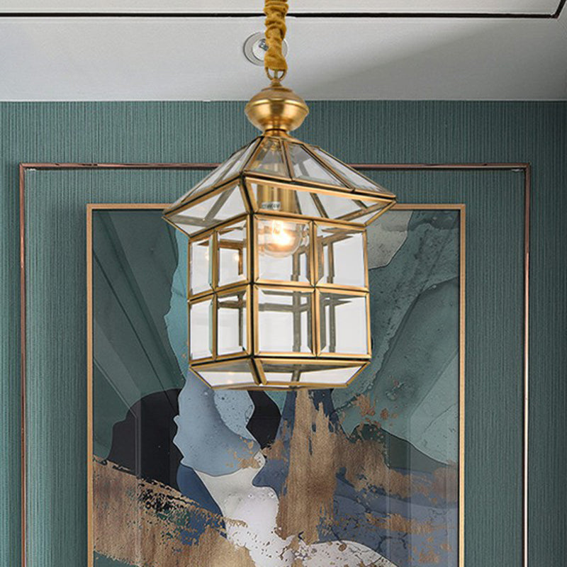 Vintage Glass House Shaped Pendant Lamp - Brass Hanging Light Fixture With 1 Bulb / 6 Clear