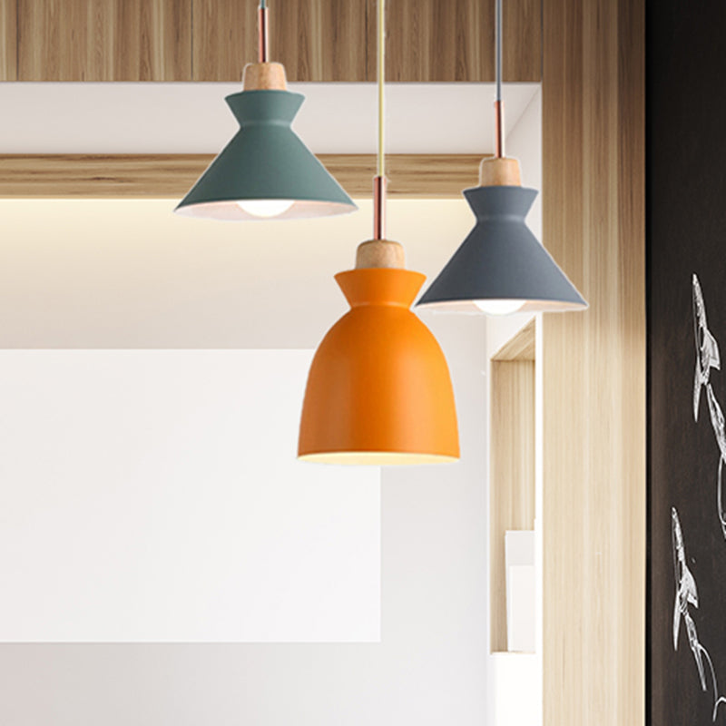 Modern 3-Light Metal Pendant With Multi-Color Cones And Domes Hanging From Linear/Round Canopy -