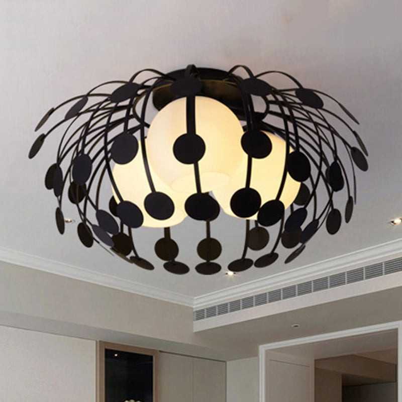 Modern Oval Metal Semi Flush Mount Lamp with Milk Glass Globe Shade - 3 Lights, White/Black