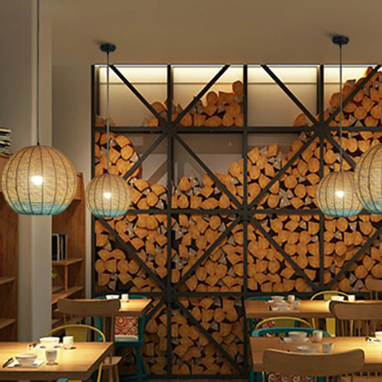 Wooden And Blue Asian Spherical Pendant Lamp - Creative Rattan Design For Restaurant Ceiling Wood /