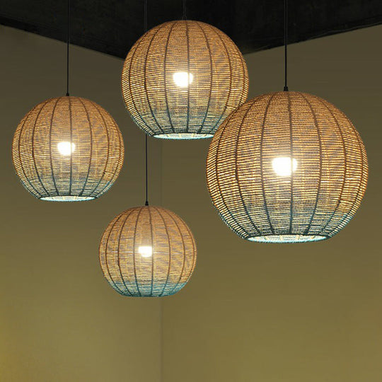 Wooden And Blue Asian Spherical Pendant Lamp - Creative Rattan Design For Restaurant Ceiling