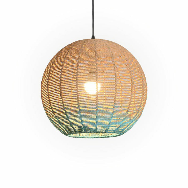 Spherical Rattan Pendant Lamp: Asian Inspired Restaurant Ceiling Light with Wood and Blue Accents