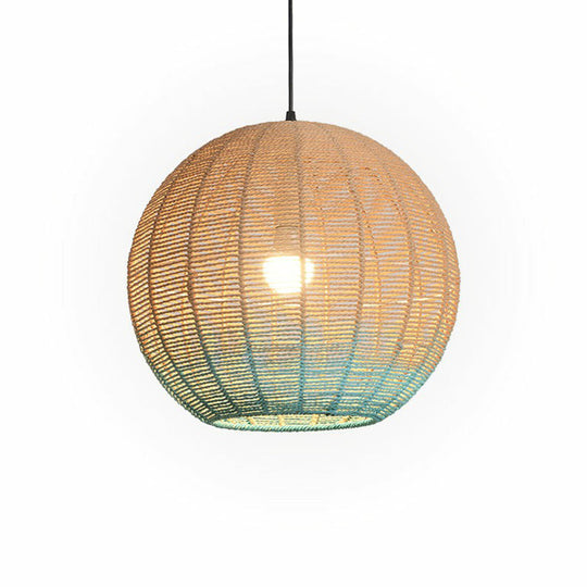 Wooden And Blue Asian Spherical Pendant Lamp - Creative Rattan Design For Restaurant Ceiling