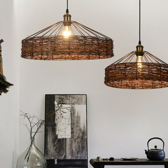 Country Style Rattan Barn Hanging Light Pendant for Dining Room - Brown Finish, 1 Bulb