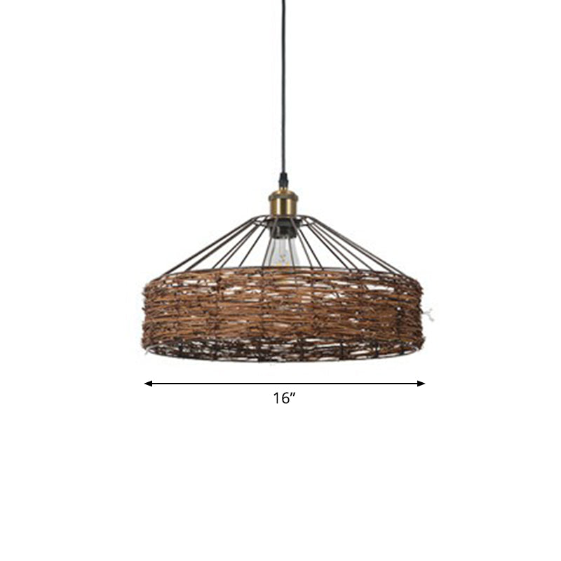 Country Style Hanging Rattan Barn Pendant Light - Brown 1 Bulb Ideal For Dining Room / 16