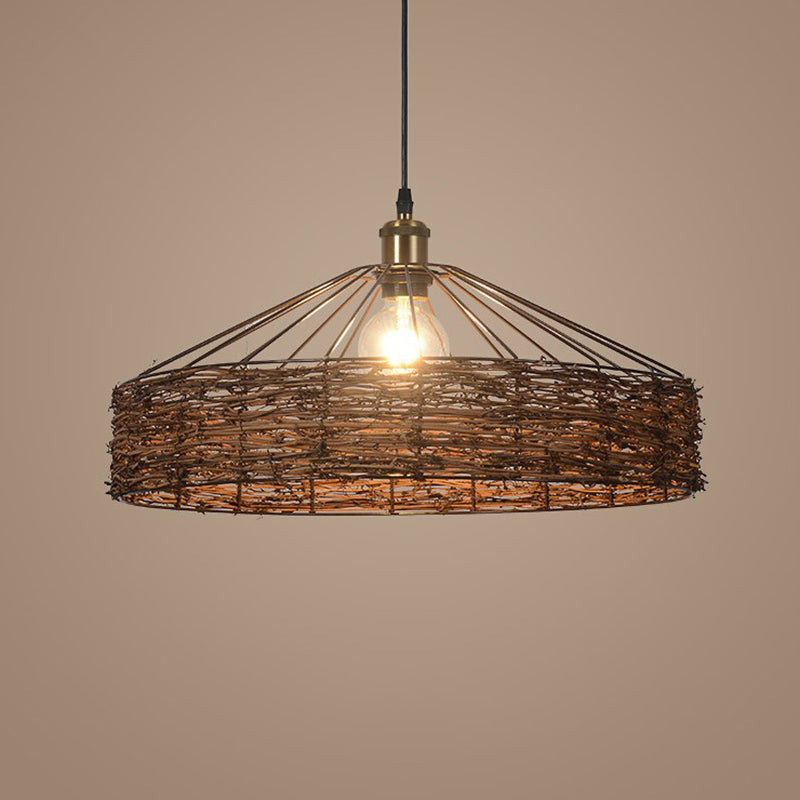 Country Style Hanging Rattan Barn Pendant Light - Brown 1 Bulb Ideal For Dining Room