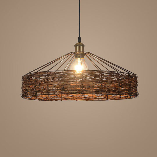 Country Style Hanging Rattan Barn Pendant Light - Brown 1 Bulb Ideal For Dining Room