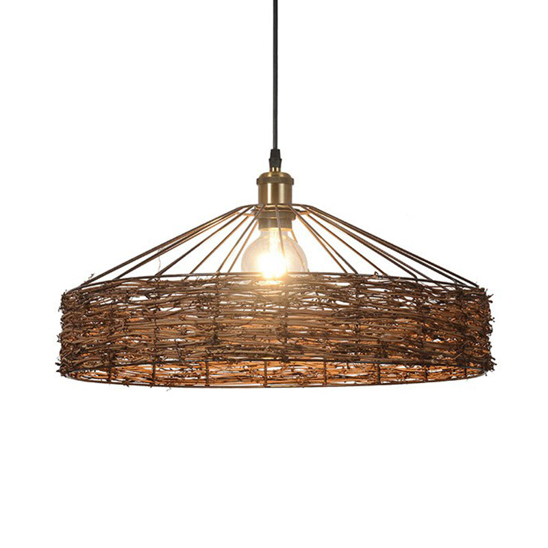 Country Style Rattan Barn Hanging Light Pendant for Dining Room - Brown Finish, 1 Bulb