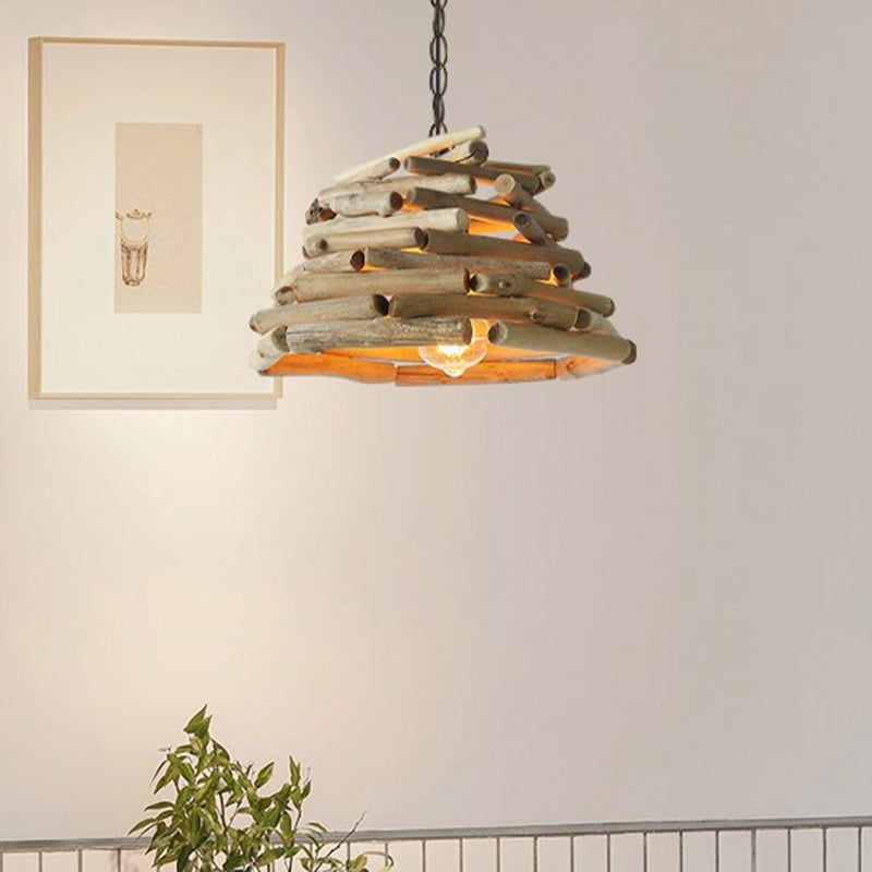 Lodge Wooden Single Pendant Light Fixture - Stacked Sticks Suspension Lamp For Dining Room