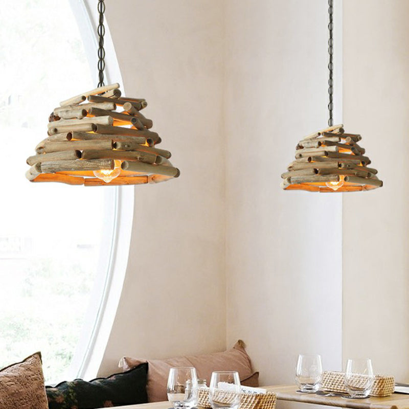 Lodge Wooden Pendant Light: Stacked Sticks Suspension Lamp for Dining Room