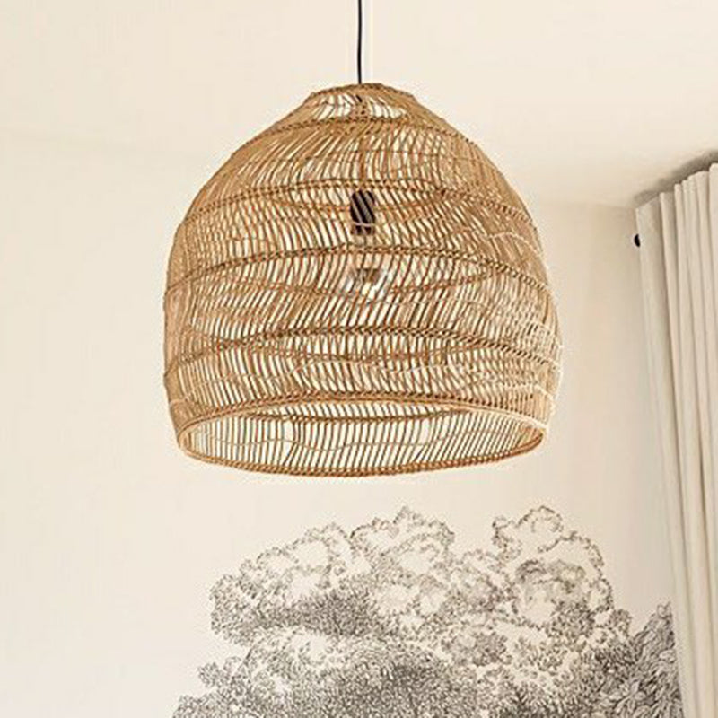 Rustic Rattan 1-Head Domed Pendant Lamp for Bedroom Ceiling