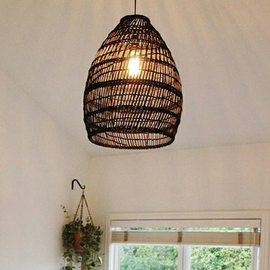 Rustic Rattan 1-Head Domed Pendant Lamp for Bedroom Ceiling