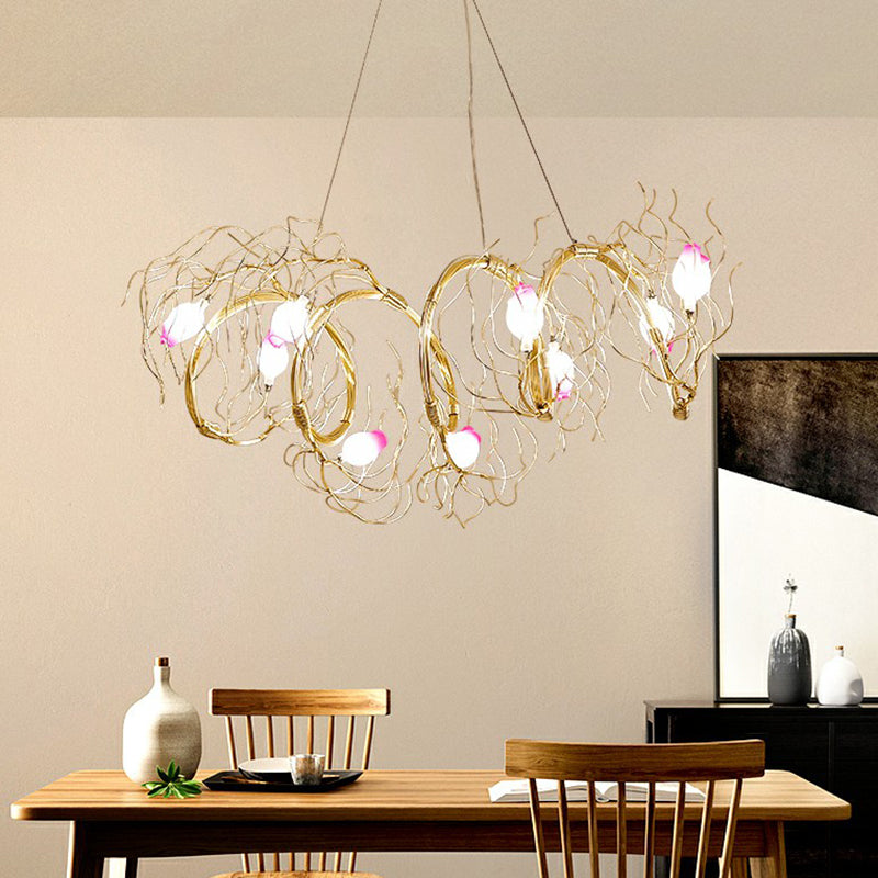 Lustre nordique à 8 lumières avec branche dorée et pendentif en verre rose pour salle à manger
