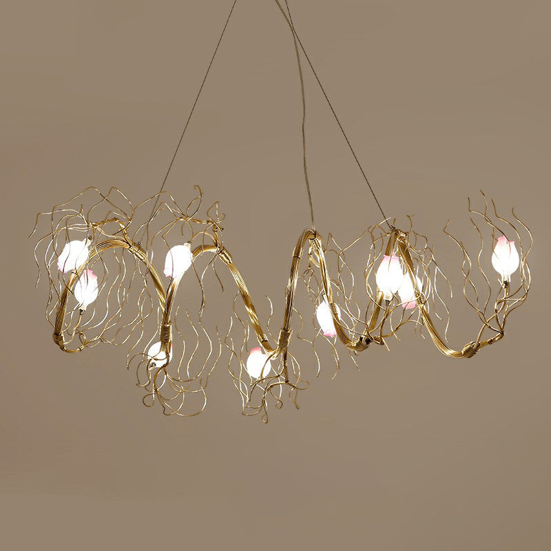 Lustre nordique à 8 lumières avec branche dorée et pendentif en verre rose pour salle à manger