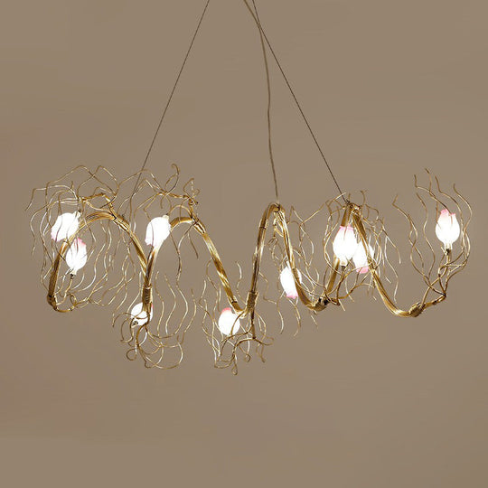 Lustre nordique à 8 lumières avec branche dorée et pendentif en verre rose pour salle à manger