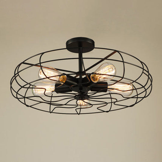 Black Industrial 5-Head Suspension Lamp for Bedroom - Iron Wire Round Chandelier Light