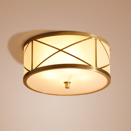 Modern Opal Glass Ceiling Mounted Flushmount With Brass X Brace Fixture - Simplicity Drum Lighting