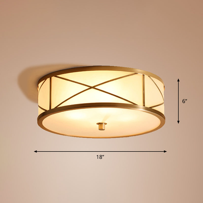 Modern Opal Glass Ceiling Mounted Flushmount with Brass X Brace Fixture - Simplicity Drum Lighting