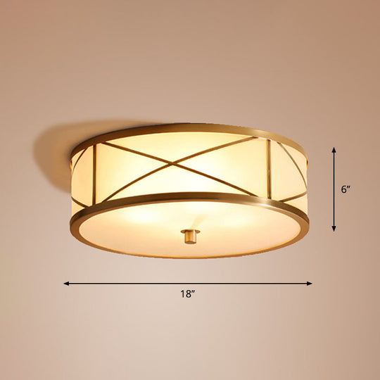 Modern Opal Glass Ceiling Mounted Flushmount with Brass X Brace Fixture - Simplicity Drum Lighting