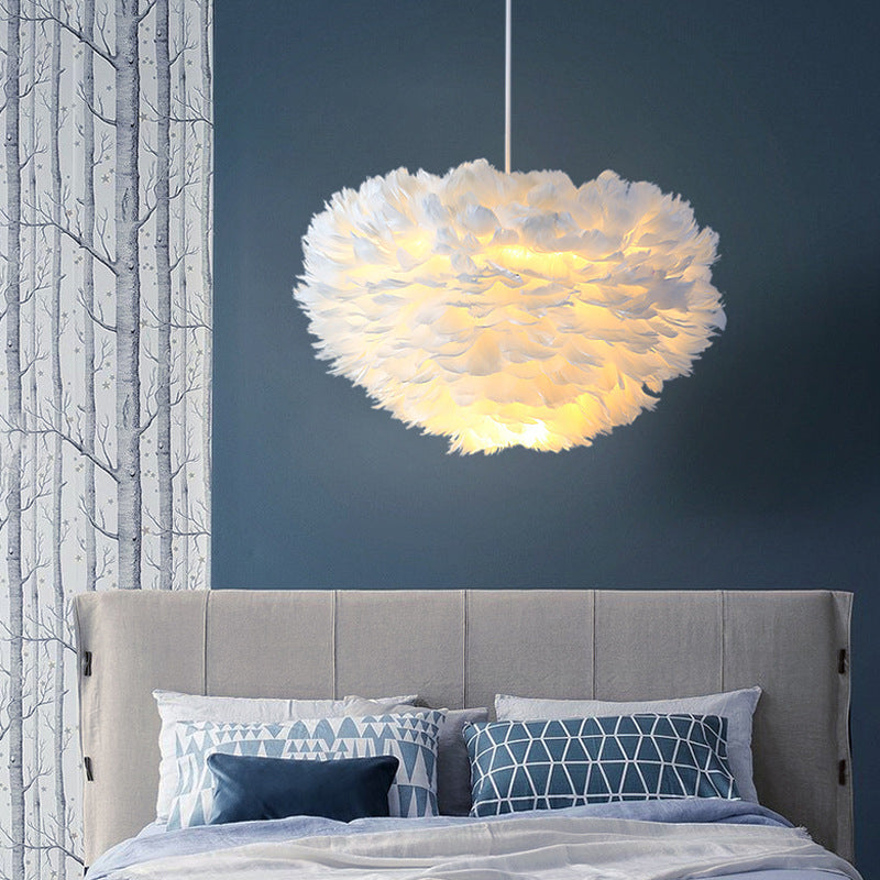Nordic Style Bedroom Suspension Light Fixture with Feather Dome Pendant Shade