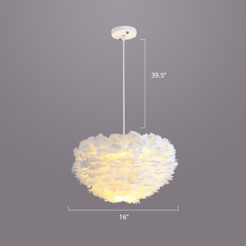 Nordic Style Bedroom Suspension Light Fixture with Feather Dome Pendant Shade