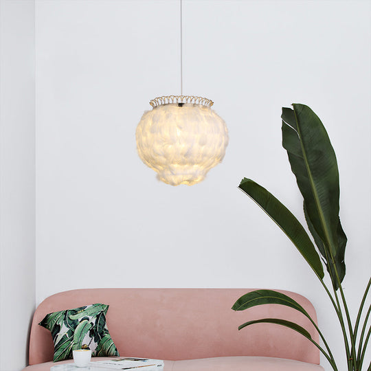 Minimalist Feather Globe Ceiling Lantern Pendant Light - White 3-Bulb Design For Bedroom
