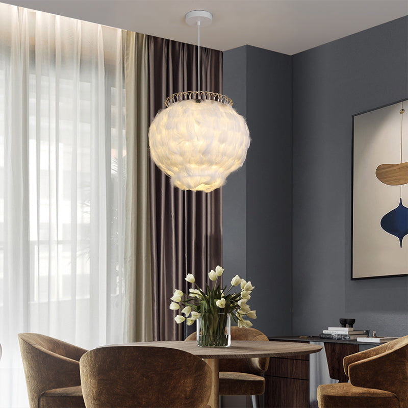Minimalist Feather Globe Hanging Ceiling Lantern - White Bedroom Pendant Light