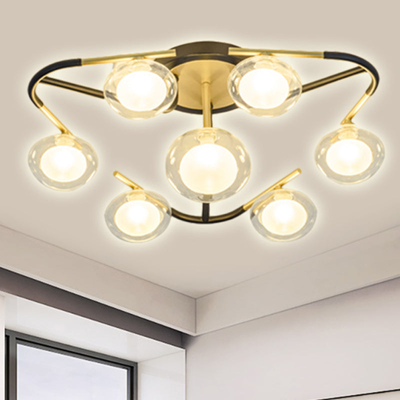 Lampe LED semi-encastrée moderne à tiges multiples noire avec abat-jour en boule de verre transparent