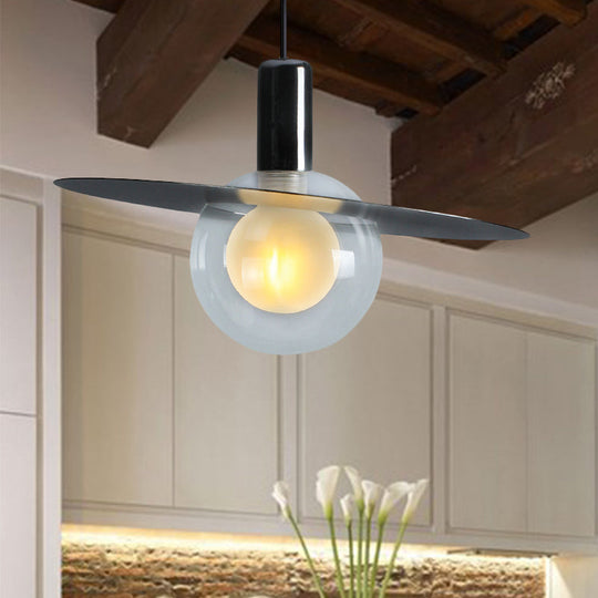 Contemporary LED Pendant Lamp: Globe Clear Glass, Black Hanging Light Fixture with Ring Disk