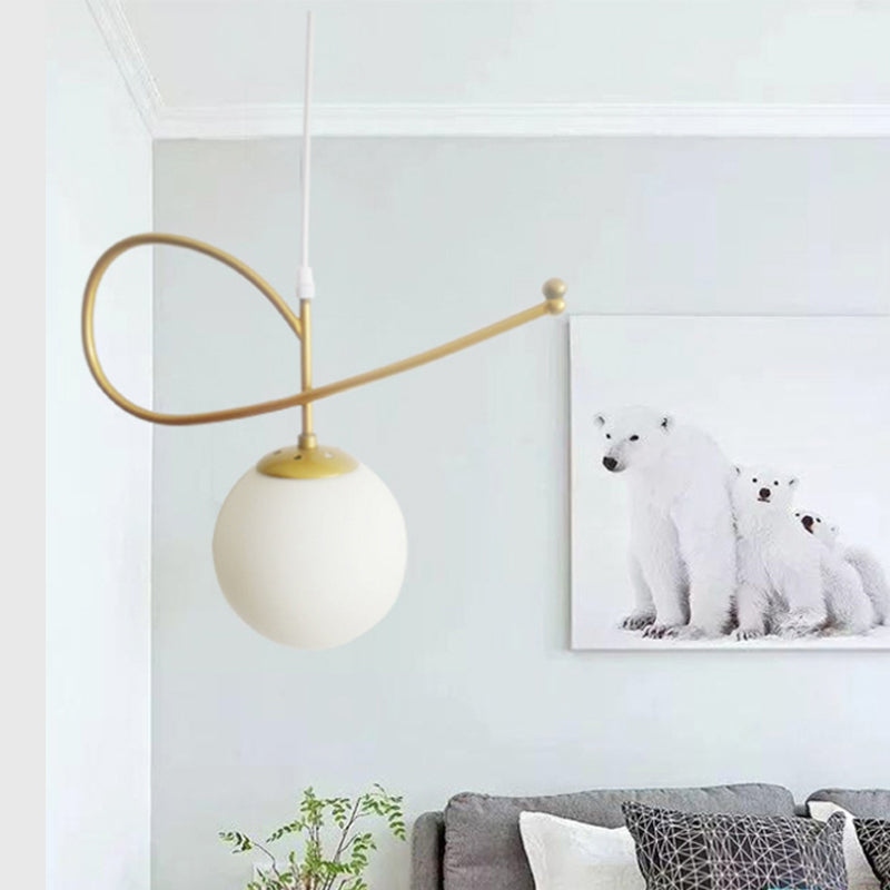 Gold Finished Bedroom Pendant Light With Contemporary Globe Shade In White Glass