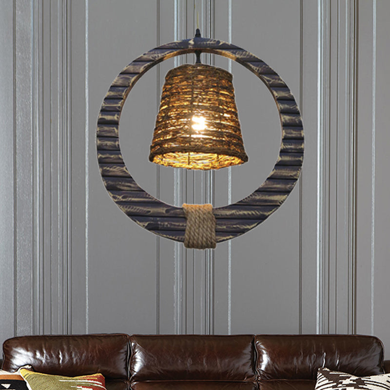 Modern Rattan Conical Hanging Light Brown Pendant Lamp with Wooden Vertical Ring