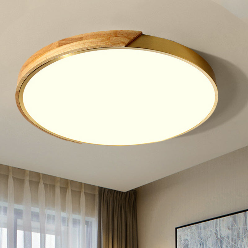 Sleek Drum Ceiling Light with LED Wood Flush Mount, White/Warm Light, 12"/16" Width