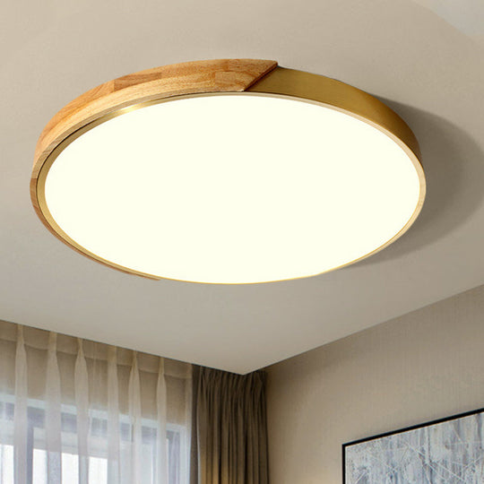 Sleek Drum Ceiling Light with LED Wood Flush Mount, White/Warm Light, 12"/16" Width