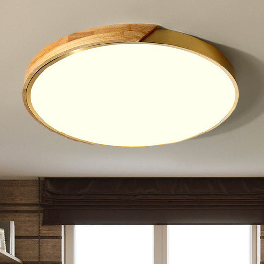 Sleek Drum Ceiling Light with LED Wood Flush Mount, White/Warm Light, 12"/16" Width