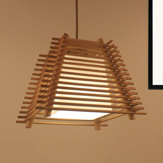Japanese Wood Trapezoid Pendant Light with White Glass Shade - 1-Light Wooden Hanging Fixture for Bedroom