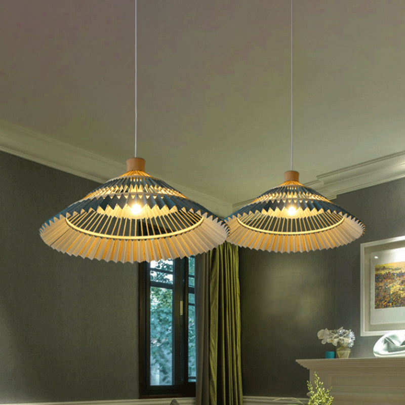 Lampe suspendue en bambou d'Asie du Sud-Est avec abat-jour conique bleu - 1 lampe de plafond pour table - 16"/19,5" W