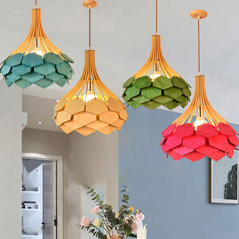 Modern Wood Pine Cone Pendant Lamp - Red/Blue 1-Bulb Hanging Light Fixture for Dining Room