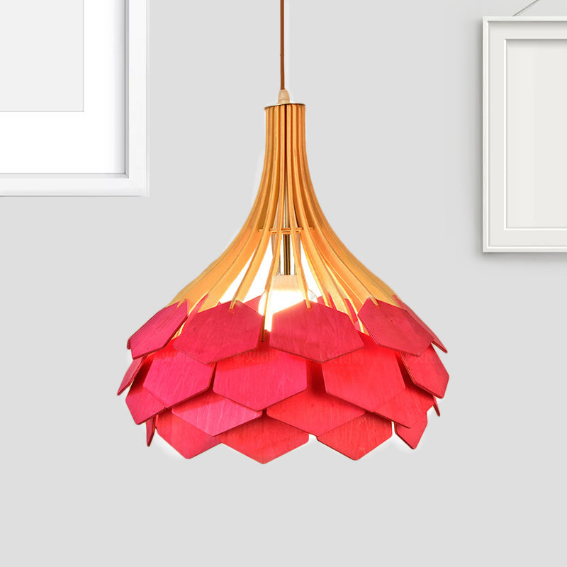 Modern Wood Pine Cone Pendant Lamp - Red/Blue 1-Bulb Hanging Light Fixture for Dining Room