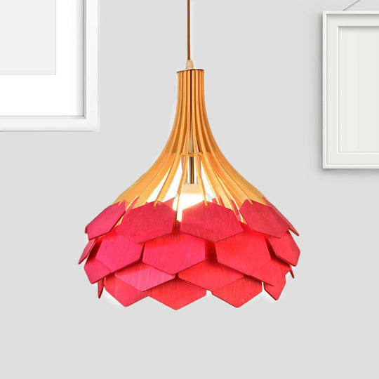 Modern Wood Pine Cone Pendant Lamp - Red/Blue 1-Bulb Hanging Light Fixture for Dining Room