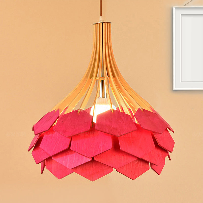 Modern Wood Pine Cone Pendant Lamp - Red/Blue 1-Bulb Hanging Light Fixture for Dining Room