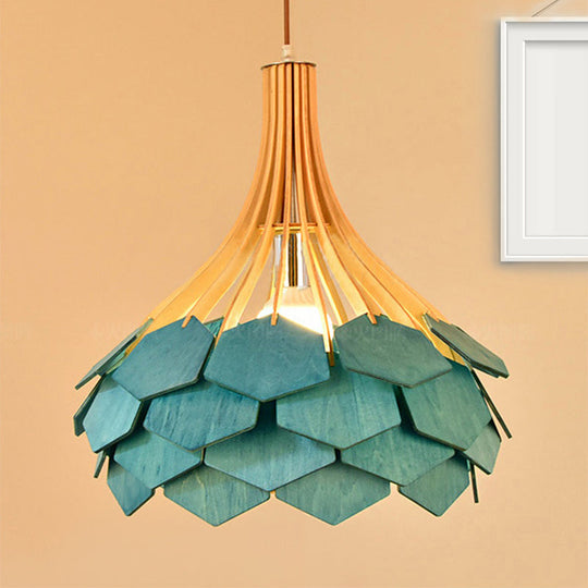 Modern Pine Cone Hanging Light Fixture - Wood Pendant Lamp For Dining Room With Red/Blue 1 Bulb