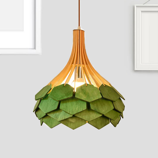 Modern Pine Cone Hanging Light Fixture - Wood Pendant Lamp For Dining Room With Red/Blue 1 Bulb